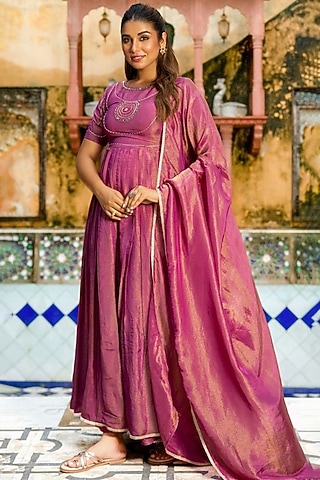 Magenta Wine Tissue Hand Embellished Anarkali Set by House Of Jamoti