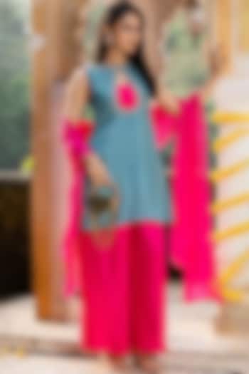 Teal & Rani Upada Silk Embroidered Kurta Set by House Of Jamoti at Pernia's Pop Up Shop