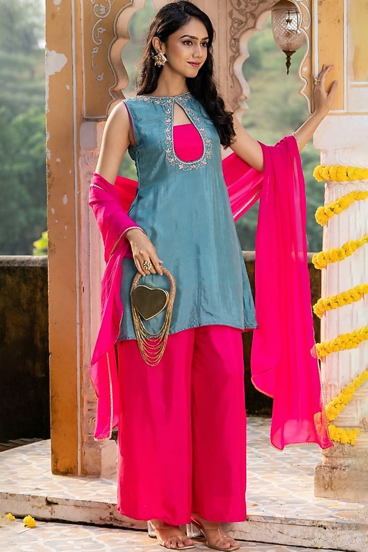 Teal & Rani Upada Silk Embroidered Kurta Set by House Of Jamoti at Pernia's Pop Up Shop