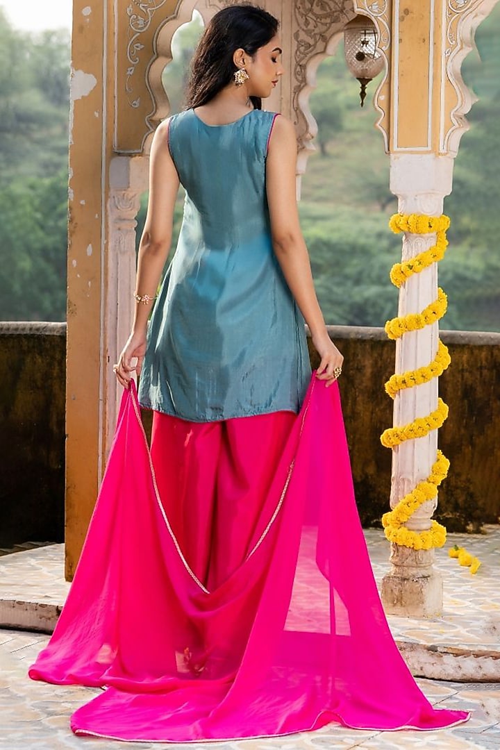 Teal & Rani Upada Silk Embroidered Kurta Set by House Of Jamoti at Pernia's Pop Up Shop