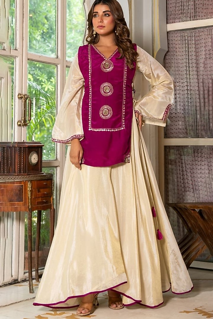 Ivory & Wine Tissue Anarkali With Jacket by House Of Jamoti at Pernia's Pop Up Shop