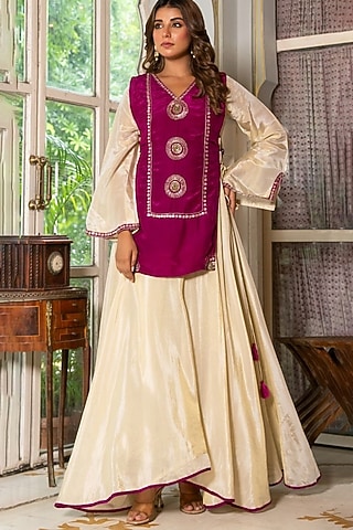 Ivory & Wine Tissue Anarkali With Jacket by House Of Jamoti