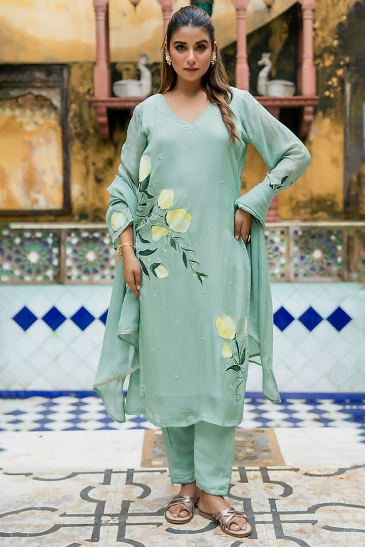 Mint Green Organza Handpainted & Handwork Kurta Set by House Of Jamoti at Pernia's Pop Up Shop