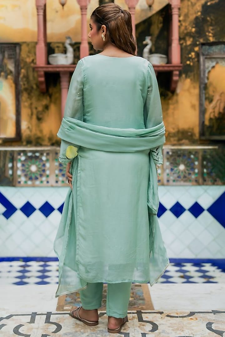 Mint Green Organza Handpainted & Handwork Kurta Set by House Of Jamoti at Pernia's Pop Up Shop