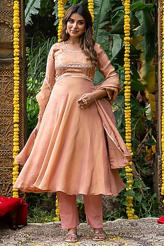 Peach Tissue Handwork Anarkali Set by House Of Jamoti
