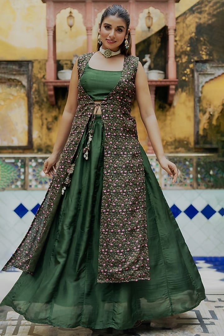 Green Upada Silk Skirt Set by House Of Jamoti at Pernia's Pop Up Shop