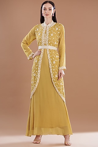 Mustard Silk & Organza Jacket Dress by House Of Jamoti