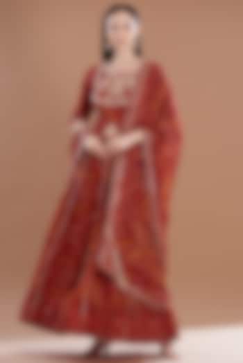 Red Georgette Bandhani Printed Lehenga Set by House Of Jamoti