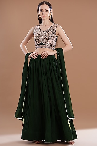Bottle Green Georgette Lehenga Set by House Of Jamoti