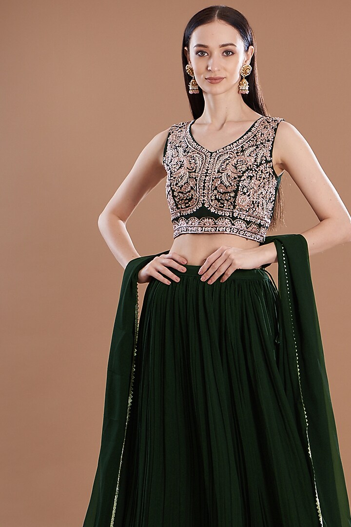 Bottle Green Georgette Lehenga Set by House Of Jamoti at Pernia's Pop Up Shop