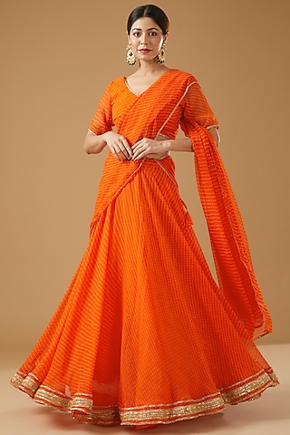 Orange Georgette Bandhani Printed Lehenga Set by House Of Jamoti