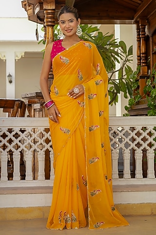 Yellow Georgette Handwork Saree by House Of Jamoti