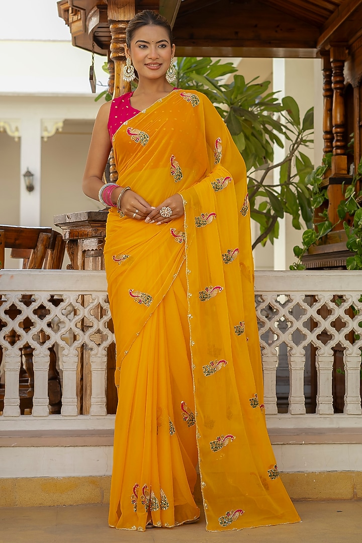Yellow Georgette Handwork Festive Saree by House Of Jamoti at Pernia's Pop Up Shop