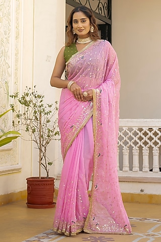 Pink Georgette Handwork Saree by House Of Jamoti