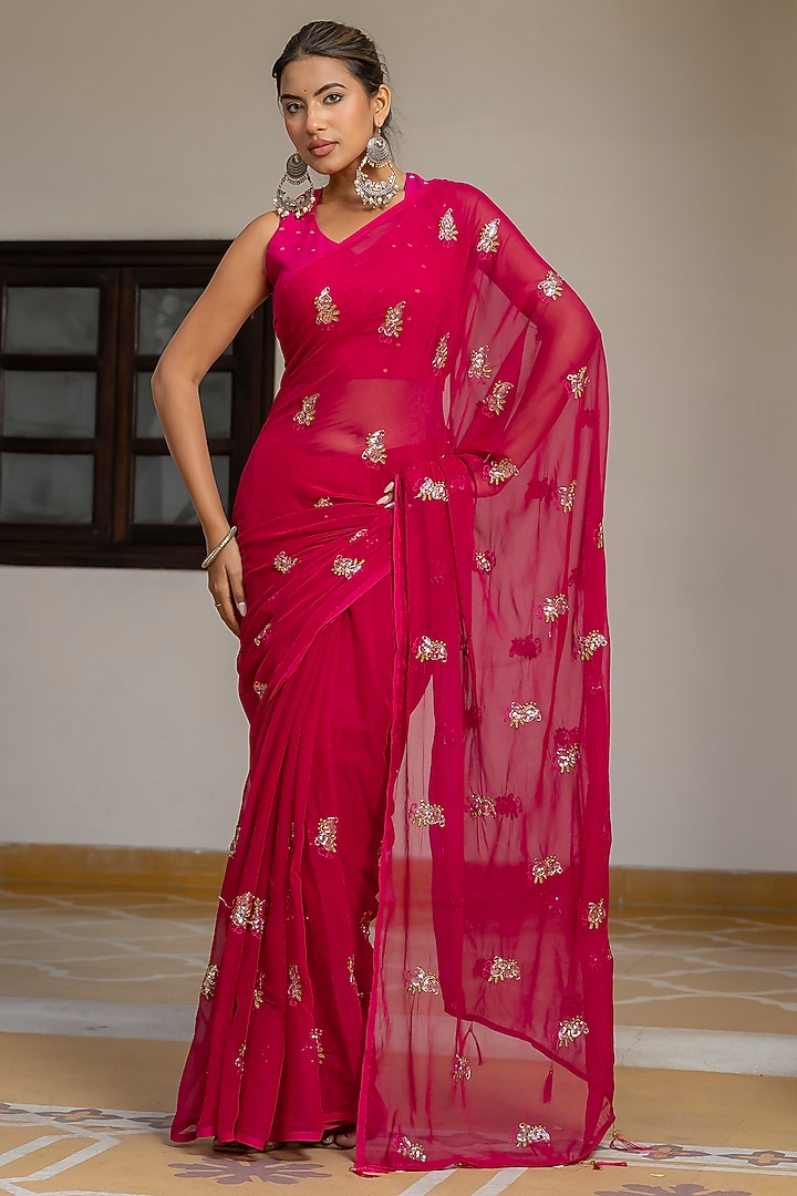 Rani Pink Georgette Handwork Festive Saree by House Of Jamoti at Pernia's Pop Up Shop