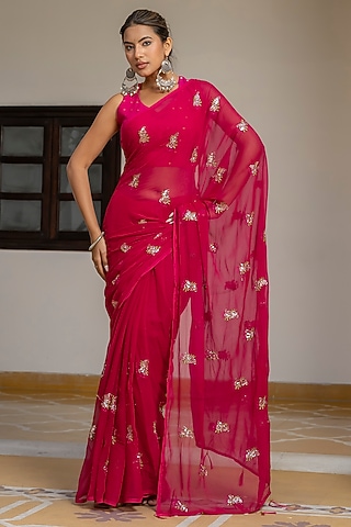 Rani Pink Georgette Handwork Saree by House Of Jamoti