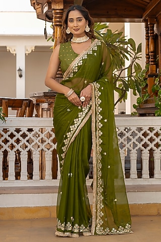 Green Georgette Handwork Saree by House Of Jamoti