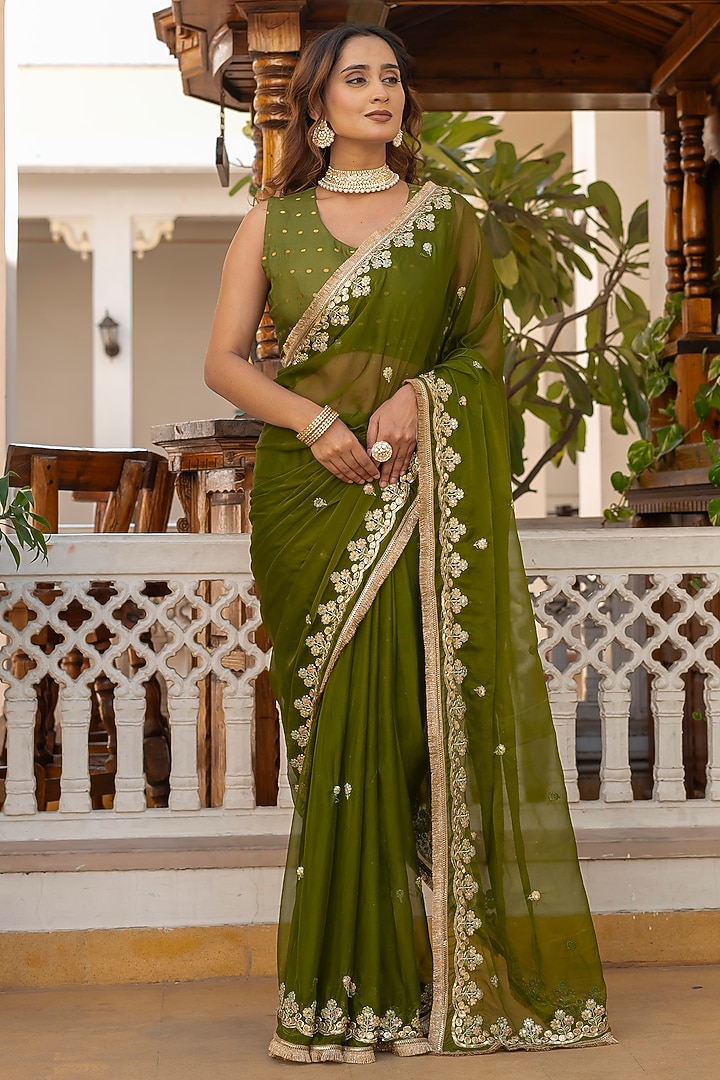 Green Georgette Handwork Festive Saree by House Of Jamoti at Pernia's Pop Up Shop