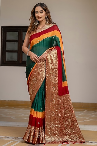 Green Silk Handwork Saree by House Of Jamoti