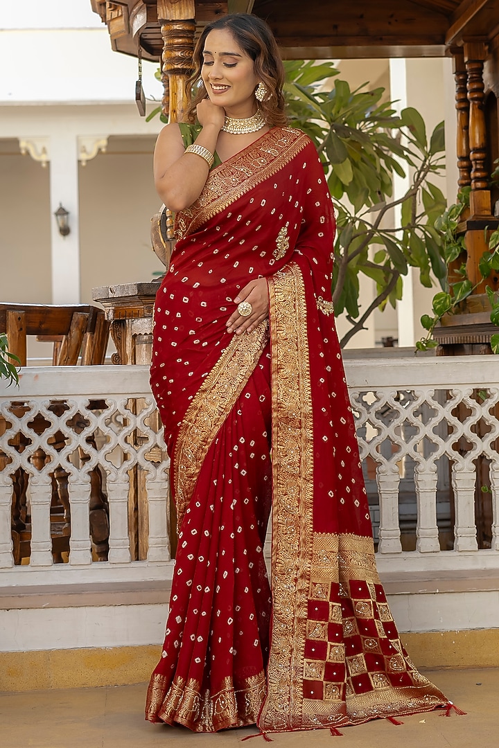 Red Bandhani Silk Festive Saree by House Of Jamoti at Pernia's Pop Up Shop