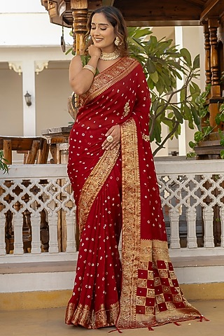 Red Bandhani Silk Saree by House Of Jamoti