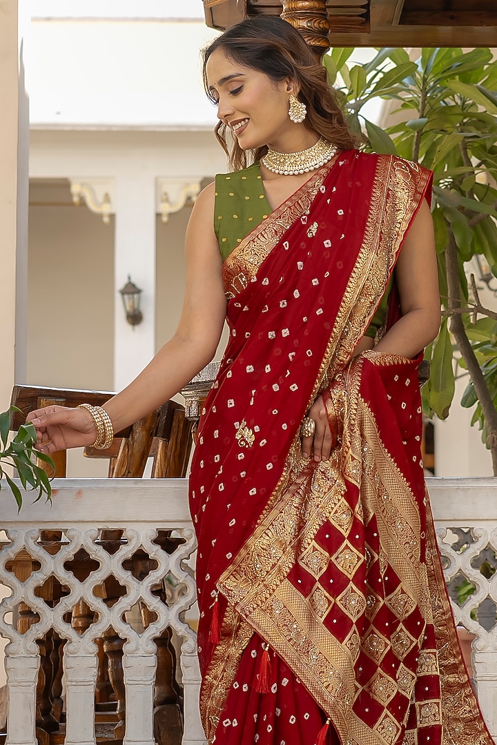 Red Bandhani Silk Festive Saree by House Of Jamoti at Pernia's Pop Up Shop