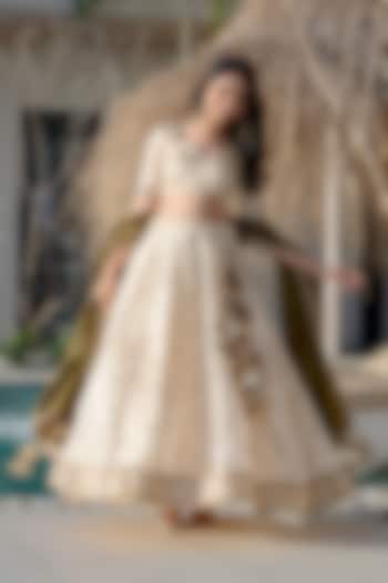 Ivory Green Tissue Embroidered Lehenga Set by House Of Jamoti at Pernia's Pop Up Shop