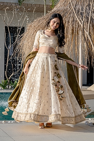 Ivory Green Tissue Embroidered Lehenga Set by House Of Jamoti