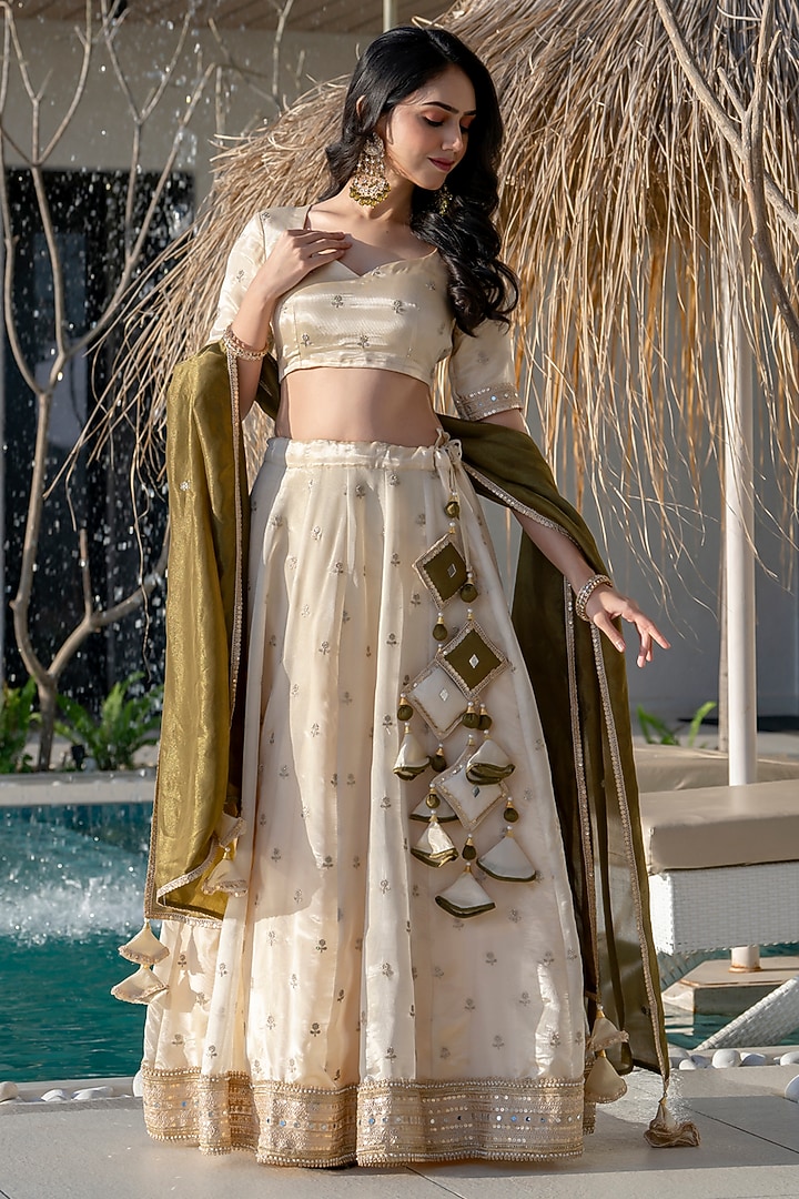Ivory Green Tissue Embroidered Lehenga Set by House Of Jamoti at Pernia's Pop Up Shop