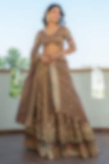 Brown Tissue Embroidered Lehenga Set by House Of Jamoti at Pernia's Pop Up Shop