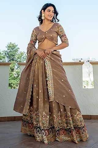 Brown Tissue Embroidered Lehenga Set by House Of Jamoti