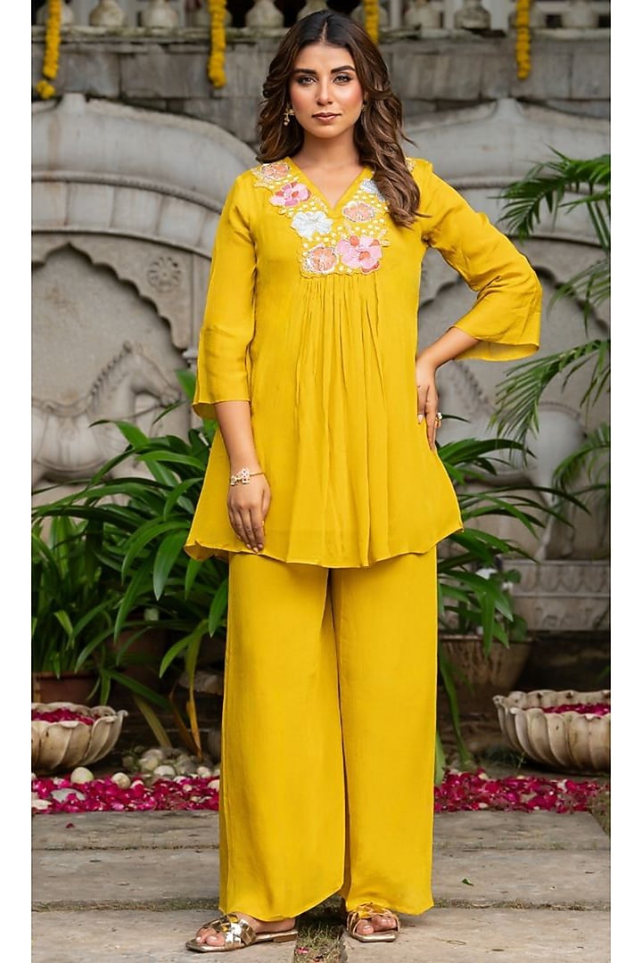 Mustard Chinon Embroidered Co-ord Set by House Of Jamoti at Pernia's Pop Up Shop