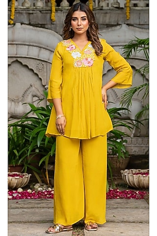 Mustard Chinon Embroidered Co-ord Set by House Of Jamoti