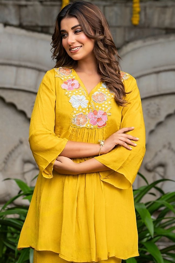 Mustard Chinon Embroidered Co-ord Set by House Of Jamoti at Pernia's Pop Up Shop