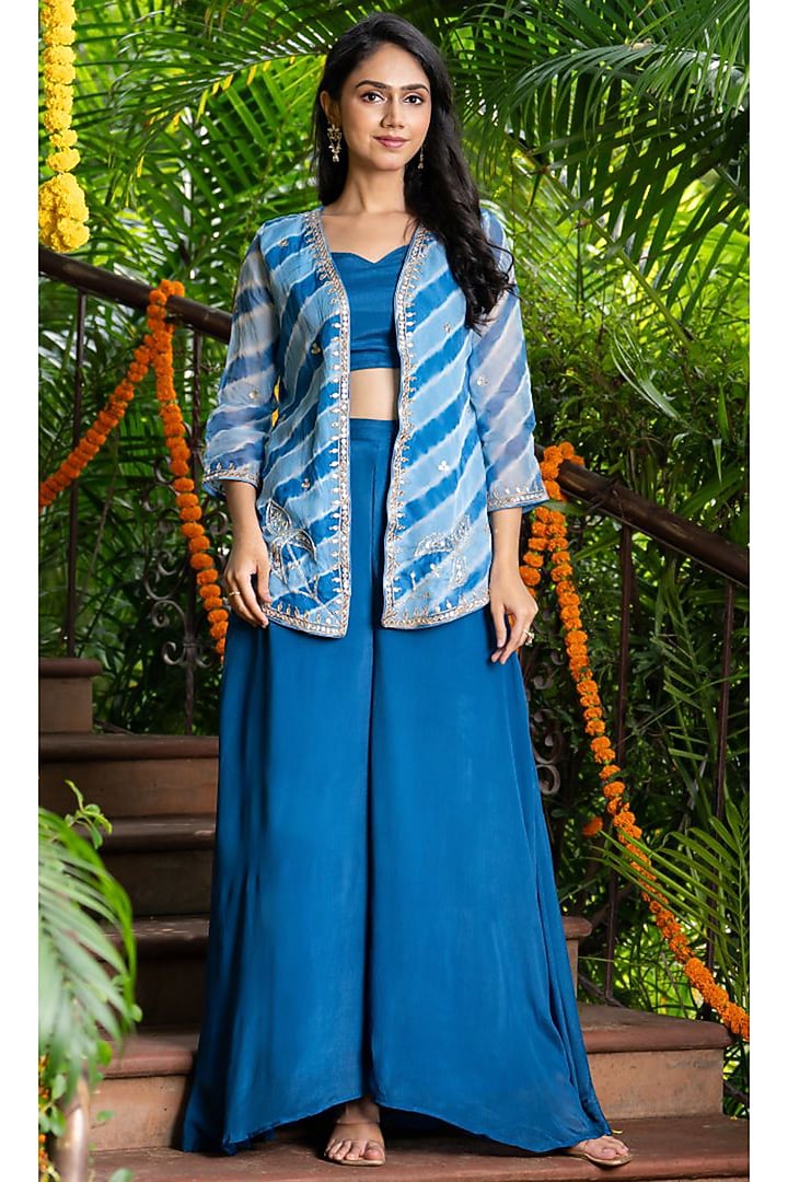 Blue Chinon Printed Shrug Set by House Of Jamoti at Pernia's Pop Up Shop