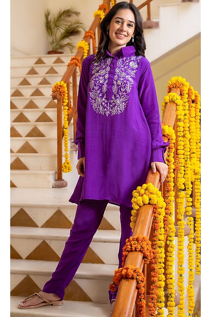 Purple Crepe Handwork Kurta Set by House Of Jamoti at Pernia's Pop Up Shop
