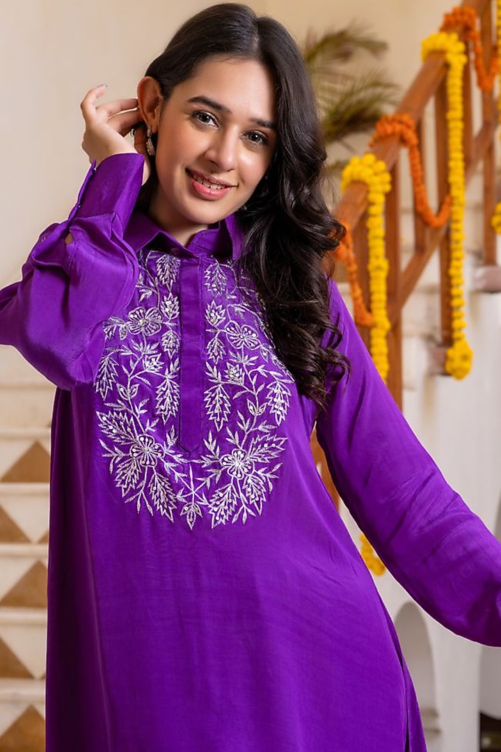 Purple Crepe Handwork Kurta Set by House Of Jamoti at Pernia's Pop Up Shop