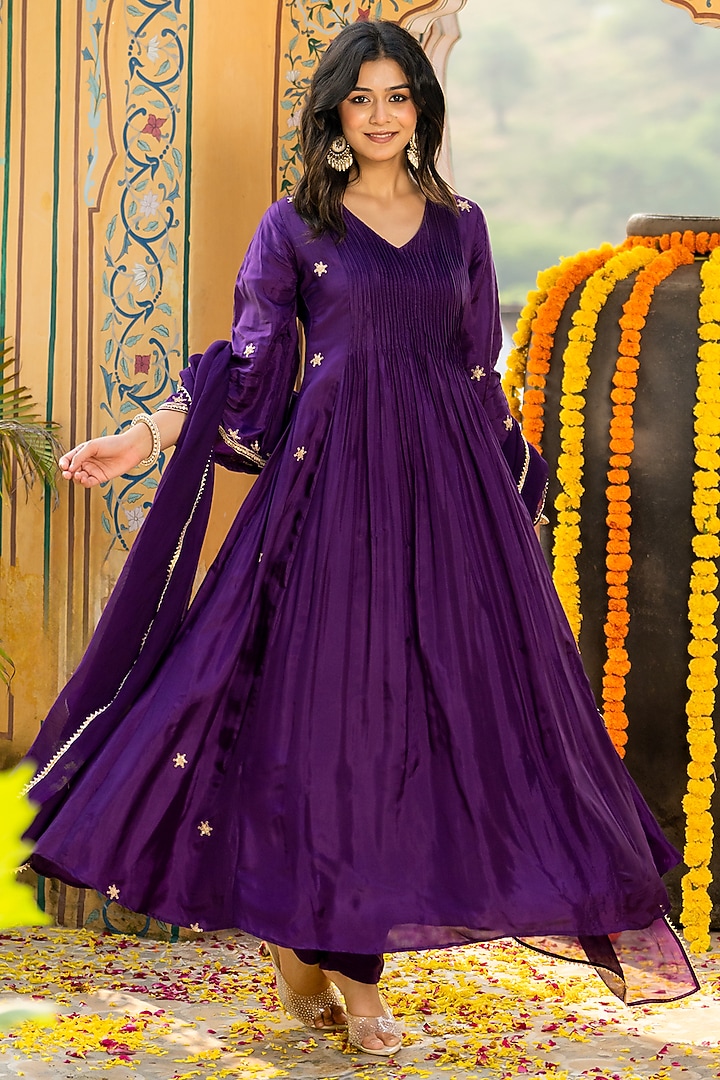Deep Purple Upada Silk Embroidered Anarkali Set by House Of Jamoti at Pernia's Pop Up Shop