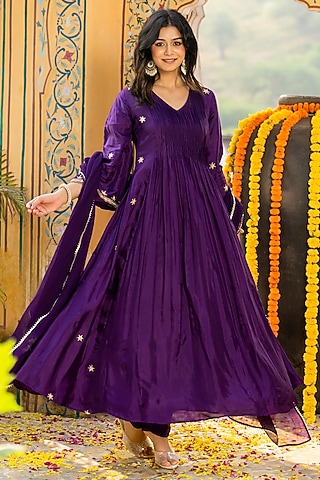 Deep Purple Upada Silk Embroidered Anarkali Set by House Of Jamoti