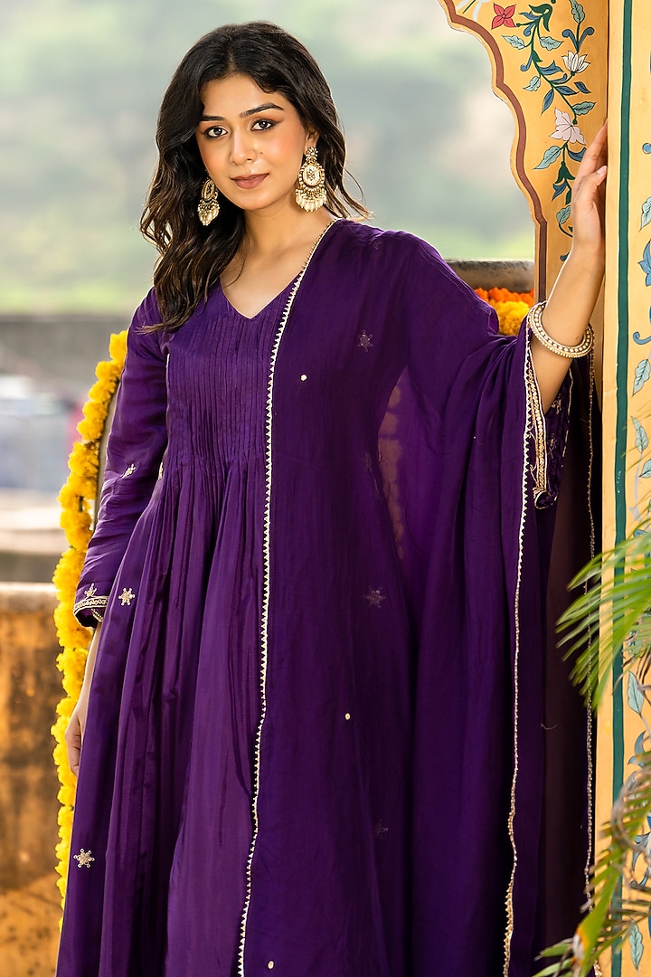 Deep Purple Upada Silk Embroidered Anarkali Set by House Of Jamoti at Pernia's Pop Up Shop