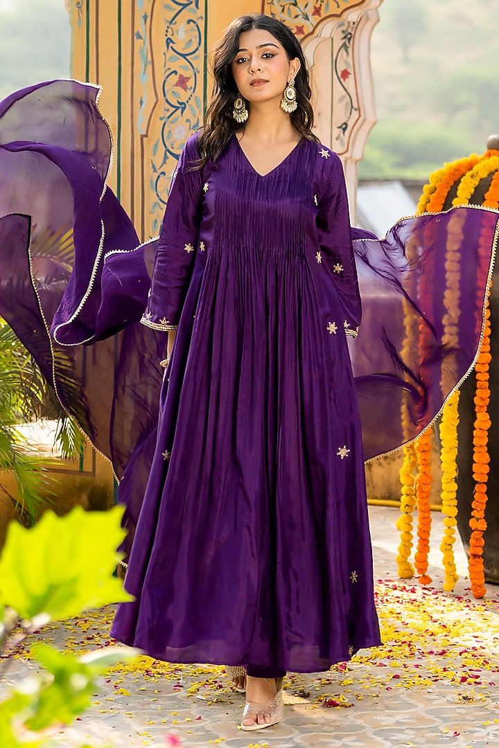 Deep Purple Upada Silk Embroidered Anarkali Set by House Of Jamoti at Pernia's Pop Up Shop
