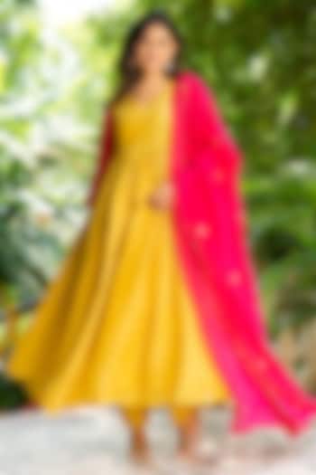 Mustard Upada Silk Embroidered Anarkali Set by House Of Jamoti at Pernia's Pop Up Shop