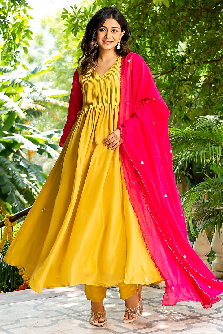 Mustard Upada Silk Embroidered Anarkali Set by House Of Jamoti at Pernia's Pop Up Shop