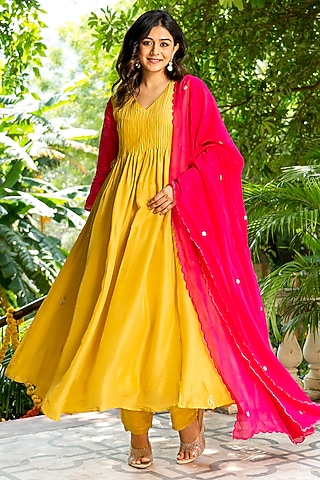 Mustard Upada Silk Embroidered Anarkali Set by House Of Jamoti