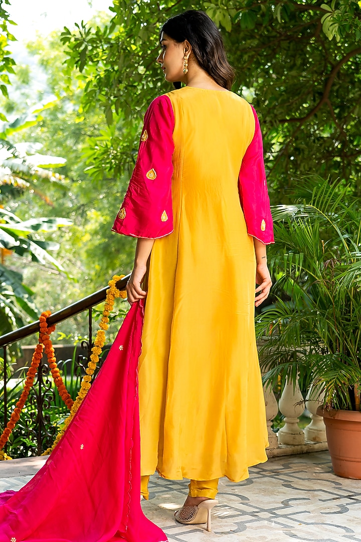Mustard Upada Silk Embroidered Anarkali Set by House Of Jamoti at Pernia's Pop Up Shop