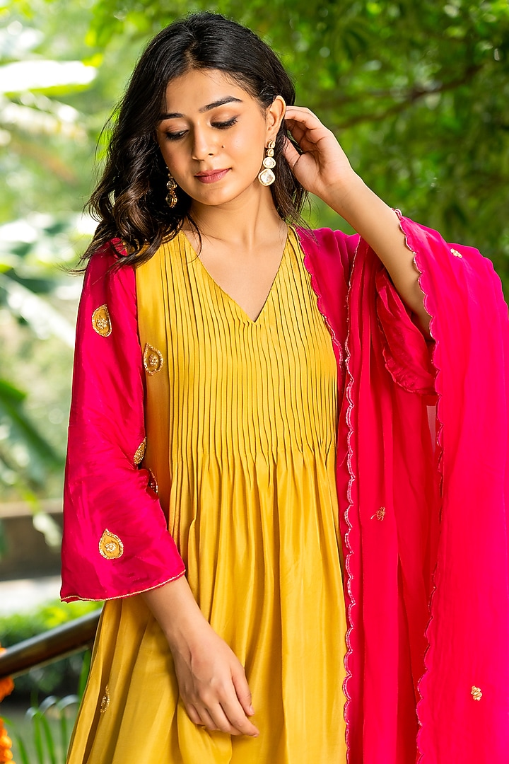 Mustard Upada Silk Embroidered Anarkali Set by House Of Jamoti at Pernia's Pop Up Shop