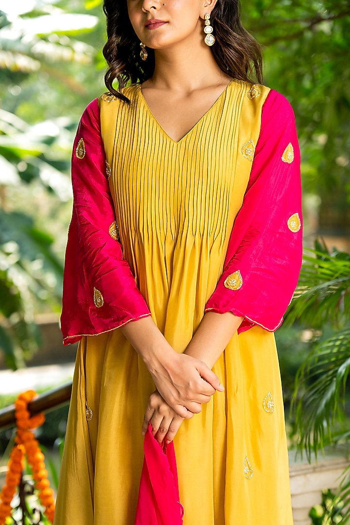 Mustard Upada Silk Embroidered Anarkali Set by House Of Jamoti at Pernia's Pop Up Shop