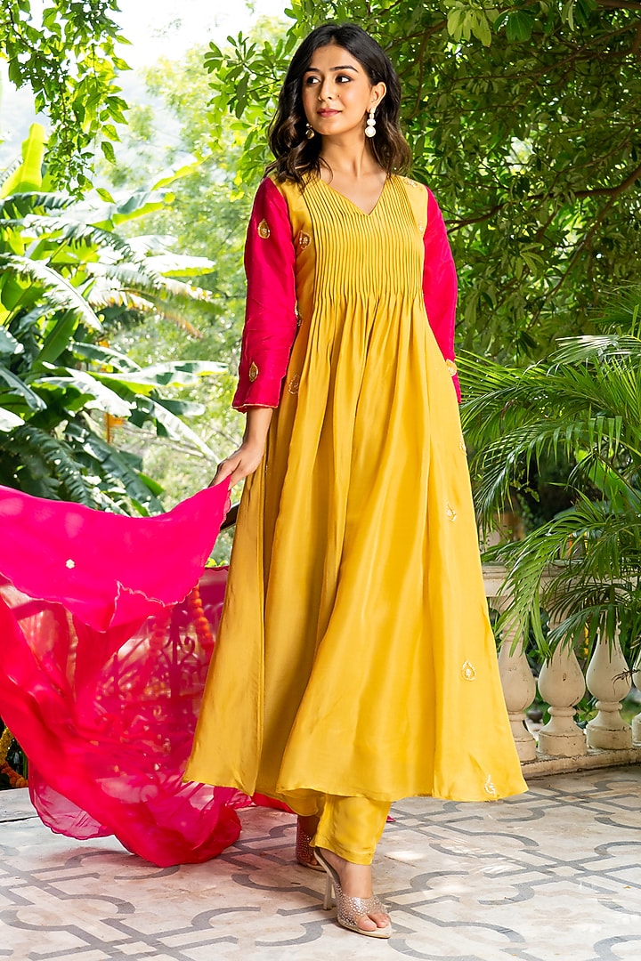 Mustard Upada Silk Embroidered Anarkali Set by House Of Jamoti at Pernia's Pop Up Shop