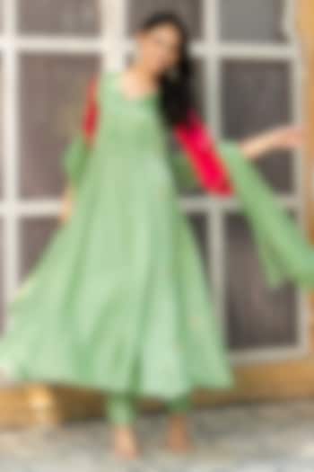 Sage Green Upada Silk Embroidered Anarkali Set by House Of Jamoti at Pernia's Pop Up Shop