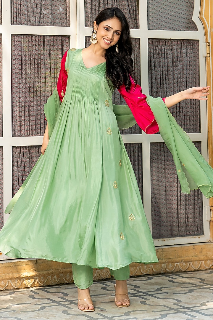 Sage Green Upada Silk Embroidered Anarkali Set by House Of Jamoti at Pernia's Pop Up Shop